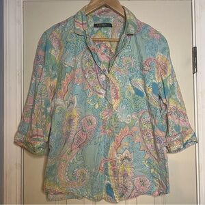 Ralph Lauren Womens Large 100% Cotton Sleep Shirt Pastel Paisley Blue Crested